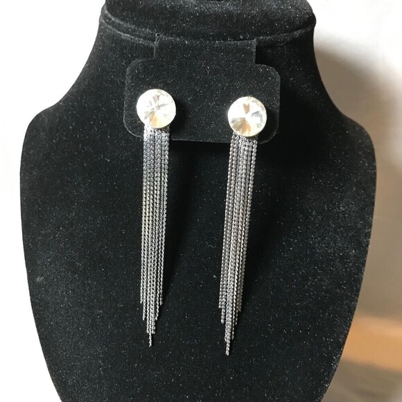 Paparazzi Silver Tone Large Crystal and Chain Dangle Earrings - Picture 1 of 4